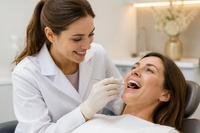Dentista revisando la boca de una paciente en una consulta de odontología general